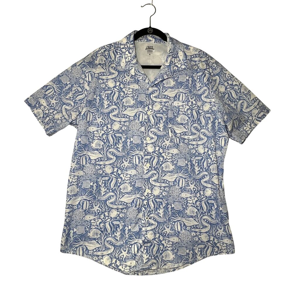 IZOD Saltwater Performance Shirt Mens XL Blue Fish Print Coastal Short Sleeve